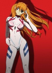 Rule 34 | 1girl, absurdres, blue eyes, bodysuit, breasts, brown hair, covered navel, curvy, evangelion: 3.0+1.0 thrice upon a time, eyepatch, floating hair, hair ornament, highres, illust aqua, long hair, looking to the side, medium breasts, neon genesis evangelion, plugsuit, rebuild of evangelion, red background, simple background, solo, souryuu asuka langley, standing, white bodysuit, wide hips