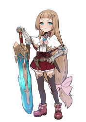 Rule 34 | 1girl, aqua eyes, blush, boots, brooch, capelet, check copyright, commentary request, copyright request, flat chest, full body, gauntlets, hair ornament, highres, jewelry, light brown hair, long hair, looking at viewer, low ponytail, miga (migao), original, simple background, smile, solo, sword, thighhighs, very long hair, weapon, white background, zettai ryouiki