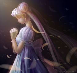 Rule 34 | 1girl, bishoujo senshi sailor moon, closed eyes, double bun, dress, earrings, from side, hair bun, jewelry, kaminary, long hair, md5 mismatch, own hands clasped, own hands together, praying, princess serenity, profile, puffy short sleeves, puffy sleeves, resized, resolution mismatch, short sleeves, signature, silver hair, solo, source smaller, tsukino usagi, twintails, upscaled, white dress, wind
