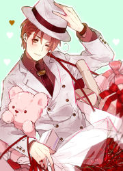 Rule 34 | 1boy, ahoge, arm up, axis powers hetalia, bad id, bad pixiv id, bag, blush, bouquet, box, brown eyes, brown hair, fedora, flower, formal, gift, gift box, hand on headwear, hat, hat tip, head tilt, heart, holding, holding clothes, holding hat, jewelry, light smile, male focus, necktie, northern italy (hetalia), one eye closed, pants, ribbon, ring, rose, short hair, simekirikowai, smile, solo, stuffed animal, stuffed toy, suit, teddy bear, white suit, wink, wristband, yellow eyes