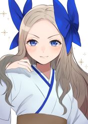 Rule 34 | 1girl, asakaze (kancolle), blue bow, blue eyes, blush, bow, brown hair, forehead, hair bow, hand in own hair, highres, japanese clothes, kantai collection, long hair, looking at viewer, meiji schoolgirl uniform, simple background, smile, solo, sparkle, toriniku senshi chikinman, upper body, wavy hair, white background
