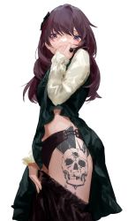 Rule 34 | 1girl, aq ll, bad id, bad twitter id, blush, clothes lift, covering own mouth, from side, highres, leg tattoo, long hair, purple hair, simple background, skirt, skirt lift, skull, skull tattoo, solo, tattoo, underwear, undressing, white background