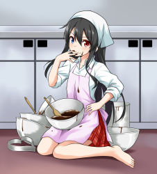 Rule 34 | apron, bare legs, barefoot, bellezza felutia, black hair, blue eyes, blush, bowl, chocolate, chocolate on hand, closed mouth, collared shirt, felutiahime, finger to mouth, food, food on face, food on hand, full body, grey background, head scarf, heart, heterochromia, highres, long hair, long sleeves, looking at viewer, male focus, on floor, original, pink apron, plaid, plaid skirt, pot, red eyes, red skirt, shelf, shirt, simple background, sitting, skirt, sleeves pushed up, smile, solo, spatula, trap, valentine, very long hair, white shirt, wing collar