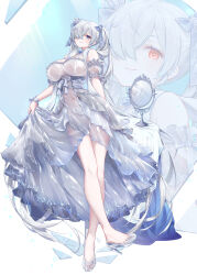 1girl aeon_ion ahoge armband bare_shoulders blue_eyes bow bowtie bra breasts broken_glass cinderella_(glass_princess)_(nikke) cinderella_(nikke) cleavage corset covered_navel crown dress feet frilled_armband frills full_body glass glass_shards glass_slipper goddess_of_victory:_nikke hair_ornament hair_over_one_eye hair_over_shoulder hair_ribbon highres large_breasts long_hair looking_at_viewer mini_crown mirror multicolored_hair navel official_alternate_costume panties purple_hair red_eyes reflection ribbon see-through_clothes see-through_dress see-through_footwear shoe_dangle smile streaked_hair toes twintails underwear very_long_hair white_bra white_hair white_panties