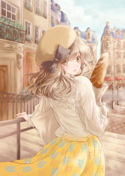Rule 34 | 1girl, bag, baguette, beret, black ribbon, blouse, blue sky, bread, building, chair, city, cloud, day, floral print, food, grocery bag, hair over one eye, hand on railing, handbag, handrail, hat, hat ribbon, highres, hoshiibara mato, lamppost, light brown hair, long hair, long sleeves, looking at viewer, looking back, original, outdoors, parted lips, planter, ribbon, road, shirt, shopping bag, sketch, skirt, sky, solo, stairs, street, table, white shirt, wooden floor, yellow eyes, yellow skirt