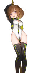 Rule 34 | 1girl, absurdres, alice gear aegis, arm up, black hair, black jacket, blush, breasts, brown hair, cleavage, cleavage cutout, clothing cutout, covered erect nipples, cropped jacket, fang, gluteal fold, green jacket, groin, heattech leotard, highleg, highleg leotard, highres, holding, holding pole, jacket, kimikage yui, legs, leotard, looking at viewer, multicolored clothes, multicolored jacket, open mouth, pole, purple eyes, racing stripes, short hair, sunga2usagi, thigh gap, thighhighs, thighs, turtleneck, twintails, two-tone jacket, white leotard, zipper