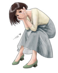 Rule 34 | 1girl, brown eyes, brown hair, chutohampa, full body, green footwear, hands up, highres, invisible chair, long skirt, long sleeves, looking at viewer, original, shirt, short hair, signature, simple background, sitting, skirt, smile, solo, striped clothes, striped skirt, white background, white shirt