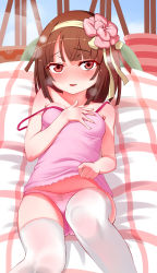 Rule 34 | 1girl, absurdres, blunt bangs, blush, bow, bow panties, breasts, brown eyes, brown hair, clothes lift, dress, dress lift, female focus, flower, hair flower, hair ornament, highres, lifted by self, looking at viewer, lying, monogatari (series), note2000, off shoulder, on back, panties, pink dress, pink panties, sengoku nadeko, small breasts, solo, thighhighs, underwear, white thighhighs
