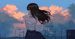 Rule 34 | 1girl, black hair, blue skirt, blue sky, breasts, cloud, cloudy sky, collared shirt, commentary request, dress shirt, floating hair, hand on own chest, hands up, highres, lamppost, long hair, original, outdoors, pleated skirt, power lines, ryokucha manma, school uniform, shirt, short sleeves, skirt, sky, small breasts, solo, sunset, utility pole, white shirt
