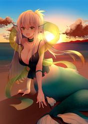 Rule 34 | 1girl, :d, absurdres, arm support, bad id, bad pixiv id, bare shoulders, beach, black neckwear, black shirt, blonde hair, blush, breasts, bridal gauntlets, camisole, choker, cleavage, cloud, cloudy sky, collarbone, fang, fingernails, fins, green eyes, hair between eyes, hair ornament, hair tie, head fins, highres, large breasts, looking at viewer, mermaid, monster girl, ocean, on floor, open mouth, original, outdoors, scales, scenery, shawl, shirt, side ponytail, sitting, sky, sleeveless, smile, solo, spaghetti strap, strap slip, sun, sunlight, sunset, suruga (xsurugax), water, yokozuwari