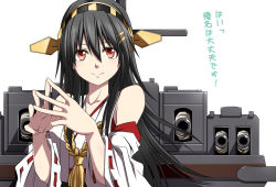 Rule 34 | 10s, 1girl, aiming, aiming at viewer, bad id, bad pixiv id, black hair, cannon, detached sleeves, haruna (kancolle), headgear, japanese clothes, kantai collection, kuromayu, long hair, looking at viewer, miko, nontraditional miko, personification, red eyes, smile, solo, translated, turret