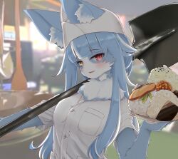 Rule 34 | 1boy, ahoge, androgynous, animal ear fluff, animal ears, blue hair, blunt bangs, blurry, blurry background, breast pocket, cat boy, cat ears, commentary request, fang, food, furry, furry male, heterochromia, highres, holding, holding food, japan air self-defense force, japan air self-defense force omaezaki sub-base, japan self-defense force, long hair, looking at viewer, male focus, medium bangs, military, multicolored hair, official art, omaneko, onigiri, open mouth, pocket, red eyes, rice, salmon, sesame seeds, shirt, short sleeves, sidelocks, smile, solo, streaked hair, trap, two-tone hair, upper body, whiskers, white hair, white shirt, yellow eyes
