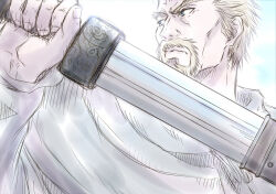 Rule 34 | 1boy, askeladd, bbchimo, blonde hair, close-up, facial hair, from below, goatee, holding, holding sword, holding weapon, looking ahead, male focus, mature male, mustache, receding hairline, serious, sheath, short hair, solo, sword, unsheathing, upper body, vinland saga, weapon