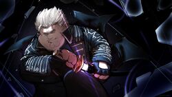 Rule 34 | 1boy, absurdres, black coat, black gloves, blue eyes, cleft chin, closed mouth, coat, cosplay, devil may cry (series), devil may cry 5, double chin, family guy, fat, fat man, fingerless gloves, gloves, highres, kowai (iamkowai), peter griffin, sheath, short hair, solo, unsheathing, vergil (devil may cry), vergil (devil may cry) (cosplay), very short hair, white hair
