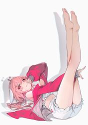 Rule 34 | 1girl, absurdres, ahoge, bare legs, barefoot, between legs, copyright request, crop top, eiroyi, feet, full body, hair between eyes, hand between legs, hand up, highres, jacket, legs up, long hair, long sleeves, looking at viewer, lying, midriff, nail polish, off shoulder, on back, open clothes, open jacket, parted lips, pink hair, puffy long sleeves, puffy sleeves, red eyes, red jacket, red nails, shirt, short shorts, shorts, simple background, sleeves past wrists, smile, solo, white background, white shirt, white shorts