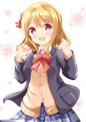 Rule 34 | 1girl, aimoto rinku, black jacket, blazer, blonde hair, blue skirt, blush, bow, braid, brown cardigan, cardigan, collared shirt, commentary request, crown braid, d4dj, dress shirt, floral background, hair between eyes, hair bow, hands up, highres, jacket, long hair, long sleeves, looking at viewer, open clothes, open jacket, plaid, plaid skirt, purple eyes, red bow, shirt, simple background, skirt, solo, white background, white shirt, xenon (for achieve)