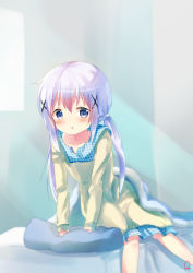 Rule 34 | 1girl, :o, arm support, bed, bed sheet, blanket, blue eyes, blue hair, blush, collarbone, gochuumon wa usagi desu ka?, hair ornament, hair ribbon, highres, indoors, kafuu chino, leaning forward, light rays, long sleeves, looking at viewer, matching hair/eyes, nightgown, on bed, parted lips, pillow, piripun, ribbon, signature, solo, twintails, waking up, window, x hair ornament