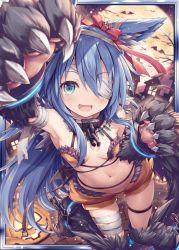 Rule 34 | 1girl, :d, akkijin, animal ear fluff, animal ears, arm up, armpits, bandages, bandage over one eye, bandaged arm, bandaged leg, bandages, bare shoulders, bat (animal), blue hair, breasts, claws, collar, fang, full moon, garter straps, green eyes, halloween, long hair, looking at viewer, mini wings, moon, navel, official art, open mouth, revealing clothes, shinkai no valkyrie, skoll (shinkai no valkyrie), small breasts, smile, solo, stomach, thigh strap, thighs, very long hair, wings, wolf ears, wolf girl