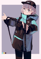 Rule 34 | 1girl, air kon, baseball cap, black hat, black pants, blue eyes, blunt bangs, closed mouth, coat, glasses, hat, highres, hood, hood down, long sleeves, original, pants, round eyewear, silver hair, simple background, solo, strap, the north face, thick eyebrows, two-tone background