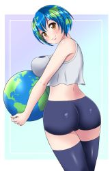 Rule 34 | 1girl, black thighhighs, brown eyes, crop top, earth-chan, earth (planet), globe, looking at viewer, nasa logo, planet, short hair, shorts, smile, solo, tagme, thighhighs
