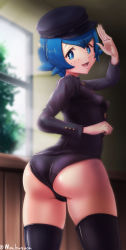 Rule 34 | 1girl, :d, absurdres, alternate costume, ass, black hat, black thighhighs, blue eyes, blue hair, breasts, cowboy shot, creatures (company), from behind, fuhikari, game freak, hat, highres, hip focus, indoors, lana (pokemon), legs apart, leotard, looking at viewer, looking back, nintendo, open mouth, pokemon, pokemon sm, salute, short hair, small breasts, smile, solo, standing, swimsuit, swimsuit under clothes, thighhighs, thighs, uniform