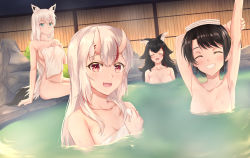 Rule 34 | 4girls, absurdres, animal ears, arm behind back, arm up, bathing, black hair, breasts, closed eyes, collarbone, commentary request, covering privates, ears down, fox ears, fox girl, fox tail, green eyes, grin, hair between eyes, highres, hololive, horns, leeshin0919, long hair, looking at viewer, medium breasts, multicolored hair, multiple girls, naked towel, nakiri ayame, nude cover, onsen, ookami mio, oozora subaru, open mouth, red eyes, red hair, shirakami fubuki, short hair, sidelocks, sitting, skin-covered horns, small breasts, smile, streaked hair, tail, towel, towel on head, virtual youtuber, wading, white hair, wolf ears, wolf girl