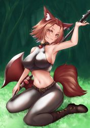 Rule 34 | 1girl, animal ear fluff, animal ears, armpits, axe, bare shoulders, belt, black pants, blush, boots, breasts, brown belt, brown collar, brown eyes, brown footwear, brown hair, collar, collarbone, commentary, commission, covered erect nipples, crop top, ear piercing, ed granger, english commentary, forest, full body, grass, groin, highres, holding, holding axe, impossible clothes, knee boots, large breasts, looking at viewer, midriff, nature, navel, original, pants, parted bangs, parted lips, piercing, short hair, sideboob, sidelocks, sitting, smile, solo, tail, tight clothes, tight pants, wariza, wolf ears, wolf tail