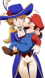 Rule 34 | 1boy, 1girl, blonde hair, blue eyes, blush, brown hair, earrings, facial hair, francisco mon, gloves, hat, highres, jewelry, lifting person, long sleeves, looking at another, mario, mario (series), mustache, nintendo, overalls, pants, ponytail, princess peach, princess peach: showtime!, shoes, short hair, swordfighter peach, thigh gap