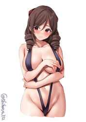 Rule 34 | 1girl, bare shoulders, blush, bow, breasts, brown hair, closed mouth, collarbone, cowboy shot, cropped legs, drill hair, ebifurya, furrowed brow, groin, hair between eyes, hair bow, harukaze (kancolle), highres, kantai collection, large breasts, looking at viewer, navel, one-hour drawing challenge, red eyes, simple background, skindentation, slingshot swimsuit, solo, stomach, sweatdrop, swimsuit, twin drills, twitter username, white background