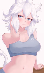 Rule 34 | 1girl, :3, absurdres, alternate costume, alternate hair length, alternate hairstyle, animal ears, arm up, blue eyes, blush, bra, breasts, cleavage, closed mouth, collarbone, eka kinoko, grey bra, grey sports bra, highres, kemono friends, large breasts, lion ears, lion girl, lion tail, looking at viewer, navel, smile, solo, sports bra, tail, underwear, white hair, white lion (kemono friends)