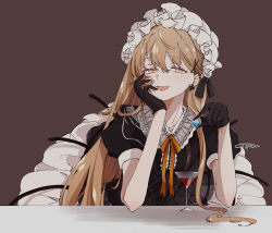 Rule 34 | 1girl, black gloves, brown eyes, citron80citron, cocktail, cocktail glass, collarbone, cup, dress, drinking glass, frilled hairband, frills, girls&#039; frontline, gloves, hair between eyes, hairband, hand on own face, leaning forward, leaning on table, light brown hair, long hair, looking at viewer, open mouth, ppk (girls&#039; frontline), puffy short sleeves, puffy sleeves, ribbon, short dress, short sleeves, smile, solo, very long hair