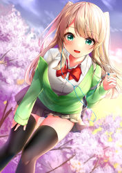 Rule 34 | 1girl, :d, absurdres, aqua eyes, black skirt, black thighhighs, blue sky, blush, bow, bowtie, breasts, brown hair, buttons, cardigan, cherry blossoms, collarbone, collared shirt, commentary request, day, dress shirt, earphones, gluteal fold, gradient sky, green cardigan, hand on own thigh, hand up, highres, holding, holding earphones, leaning forward, long hair, long sleeves, looking at viewer, medium breasts, miniskirt, moe2019, off shoulder, open mouth, original, outdoors, pleated skirt, red bow, red bowtie, rukinya (nyanko mogumogu), school uniform, shirt, sidelocks, skirt, sky, sleeves past wrists, smile, solo, spring (season), thighhighs, tree, two side up, undershirt, white shirt, zettai ryouiki