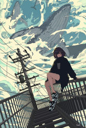 Rule 34 | 1girl, bare legs, black shirt, black sweater, bob cut, brown hair, commentary request, flying whale, green eyes, highres, long sleeves, on railing, original, railing, seraphitalg, shirt, shoes, short hair, short shorts, shorts, sitting, sneakers, solo, sweater, two-tone footwear, whale