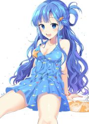 Rule 34 | 1girl, :d, artist name, asari nanami, bad id, bad pixiv id, bare arms, bare shoulders, blue dress, blush, bracelet, breasts, cleavage, dress, fish hair ornament, flying sweatdrops, foreshortening, glint, hair ornament, hair rings, halterneck, hand fan, idolmaster, idolmaster cinderella girls, invisible chair, jewelry, long hair, medium breasts, open mouth, paper fan, pearl bracelet, pinb, pleated dress, round teeth, sidelocks, simple background, sitting, sleeveless, sleeveless dress, smile, solo, spread legs, starfish, tareme, teeth, thighs, uchiwa, very long hair, wavy hair, white background