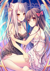 Rule 34 | 2girls, :d, animal ears, black dress, bow, breasts, brown eyes, brown hair, cat ears, cat tail, cleavage, cocoa (cafe-hotcocoa), dress, feathered wings, hair bow, hair ornament, hair ribbon, large breasts, looking at viewer, medium breasts, multiple girls, open mouth, original, ribbon, see-through, smile, tail, white dress, wings