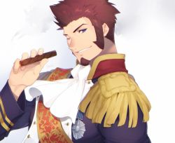 Rule 34 | 1boy, beard, blue eyes, brown hair, cigar, epaulettes, facial hair, fate/grand order, fate (series), from side, hanon ssk, long sideburns, long sleeves, looking at viewer, male focus, military, military uniform, napoleon bonaparte (fate), necktie, one eye closed, sash, simple background, smile, smoking, solo, uniform, upper body