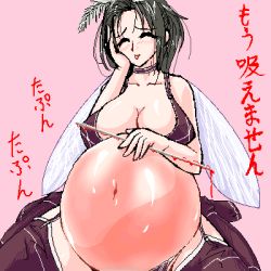Rule 34 | 1girl, belly, belly stuffing, black hair, blood, blush, breasts, brown hair, bug, cleavage, fat, huge breasts, inflation, bug, arthropod girl, lowres, monster girl, mosquito, navel, plump, se/ji, seji (hornet), short hair, smile, solo, stomach bulge, thighhighs, translation request, wings