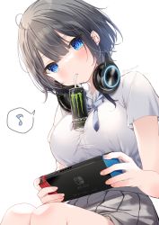 Rule 34 | 1girl, bendy straw, black hair, blue eyes, blue neckwear, blush, brand name imitation, breasts, can, closed mouth, collared shirt, commentary request, dress shirt, drinking straw, eighth note, energy drink, grey skirt, headphones, headphones around neck, highres, holding, looking at viewer, mafuyu (chibi21), medium breasts, musical note, nintendo switch, object on breast, original, playing games, pleated skirt, shirt, short hair, short sleeves, simple background, sitting, skirt, solo, spoken musical note, twitter username, white background, white shirt