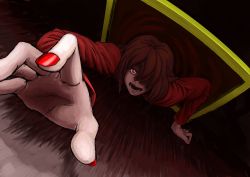 Rule 34 | bad id, bad pixiv id, brown hair, crawling, dress, foreshortening, fuki04, hair over one eye, ib (kouri), lady in red (ib), long hair, monster, nail polish, open mouth, picture frame, red dress, red eyes, red nails, solo, through medium, through painting
