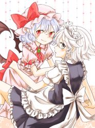 Rule 34 | 2girls, apron, ascot, bat wings, blue eyes, blue hair, bow, braid, brooch, dress, hat, hat bow, hug, izayoi sakuya, jewelry, looking at viewer, maid, maid apron, maid headdress, maru usagi, mob cap, multiple girls, open mouth, pink dress, pink eyes, pointy ears, puffy sleeves, purple dress, remilia scarlet, shirt, short sleeves, silver hair, simple background, skirt, skirt set, slit pupils, smile, touhou, twin braids, vest, waist apron, white background, wings, wrist cuffs