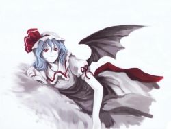 Rule 34 | 1girl, bat wings, blue hair, bow, cradle (circle), hat, hat bow, highres, lying, misaki kurehito, nail polish, on side, red eyes, red nails, remilia scarlet, solo, touhou, wings