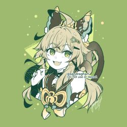 Rule 34 | 1girl, :d, ahoge, animal ear fluff, animal ears, bare shoulders, brown hair, cat ears, commentary request, cropped torso, fang, genshin impact, green background, green eyes, green theme, hair ornament, hairclip, hand up, kirara (genshin impact), long hair, looking at viewer, open mouth, sandragh, simple background, smile, solo, upper body
