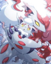 Rule 34 | :o, blurry, bright pupils, claws, commentary, creatures (company), evolutionary line, fang, game freak, highres, hisuian zoroark, hisuian zorua, holding, holding pokemon, monaka (hc pkmn), nintendo, open mouth, outdoors, pokemon, pokemon (creature), snowing, symbol-only commentary, twitter username, watermark, white pupils, yellow eyes