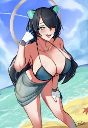 Rule 34 | 1girl, android, beach, bent over, bikini, black hair, blue bikini, blue eyes, blue hair, blue skirt, breasts, cleavage, cloud, collarbone, commentary, english commentary, erina makina, fangs, hair over one eye, highres, large breasts, looking at viewer, mechanical ears, mechanical hands, multicolored hair, ocean, one eye covered, open mouth, phase connect, signature, silva arts, skirt, sky, solo, streaked hair, swimsuit, virtual youtuber