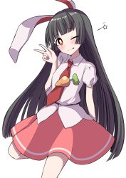 Rule 34 | 1girl, animal ears, black hair, blush, carrot, closed mouth, collared shirt, commentary request, cosplay, cowboy shot, hand up, head tilt, highres, hime cut, houraisan kaguya, kemonomimi mode, leg up, long hair, looking at viewer, necktie, one eye closed, pink skirt, rabbit ears, red eyes, red necktie, reisen udongein inaba, reisen udongein inaba (cosplay), shirt, short sleeves, sidelocks, simple background, skirt, smile, solo, star (symbol), tongue, tongue out, touhou, tsukimirin, v, very long hair, white background, white shirt