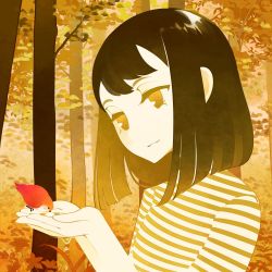 Rule 34 | 1girl, autumn leaves, bird, bird on hand, bob cut, commentary, cupping hands, english commentary, forest, from side, halphelt, hands up, head tilt, medium hair, nature, orange theme, original, own hands together, parted lips, shirt, smile, solo, spot color, striped clothes, striped shirt, tree, upper body, yellow theme