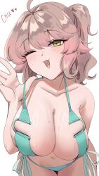 1girl :3 arainekozz bikini blush breasts brown_hair collarbone florida_bikini green_bikini hair_between_eyes highres large_breasts long_hair looking_at_viewer navel one_eye_closed open_mouth original smile swimsuit virtual_youtuber yellow_eyes