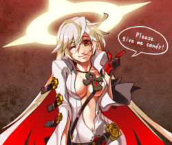 Rule 34 | 1girl, ;), ankh, belt, bodysuit, breasts, candy, center opening, chromatic aberration, spiked halo, food, gloves, guilty gear, guilty gear xrd, hair between eyes, halo, index finger raised, jack-o&#039; valentine, jewelry, lollipop, long hair, looking at viewer, medium breasts, multicolored hair, necklace, no bra, one eye closed, red eyes, red hair, smile, solo, speech bubble, tanagawa makoto, two-tone hair, very long hair, white hair