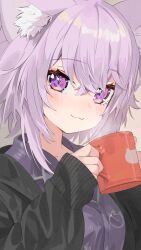 1girl :3 alternate_costume animal_ear_fluff animal_ears black_cardigan cardigan cat_ears cat_girl closed_mouth collared_shirt crossed_bangs cup hair_between_eyes highres holding holding_cup hololive koyo2023 long_sleeves looking_at_viewer messy_hair nekomata_okayu purple_eyes purple_hair purple_shirt shirt short_hair sleepwear sleeves_past_wrists solo virtual_youtuber