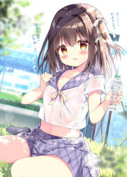 Rule 34 | 1girl, :d, azumi kazuki, black socks, blurry, blurry background, blush, bottle, bow, bra, bra visible through clothes, breasts, brown eyes, brown hair, commentary request, day, depth of field, hair between eyes, hair bow, hair intakes, highres, holding, holding bottle, looking at viewer, on grass, open mouth, original, outdoors, pink bra, purple sailor collar, purple skirt, sailor collar, see-through, shirt, short sleeves, sitting, skirt, small breasts, smile, socks, solo, striped, striped bow, sweat, translation request, two side up, underwear, wariza, water bottle, wet, wet clothes, wet shirt, white bow, white shirt